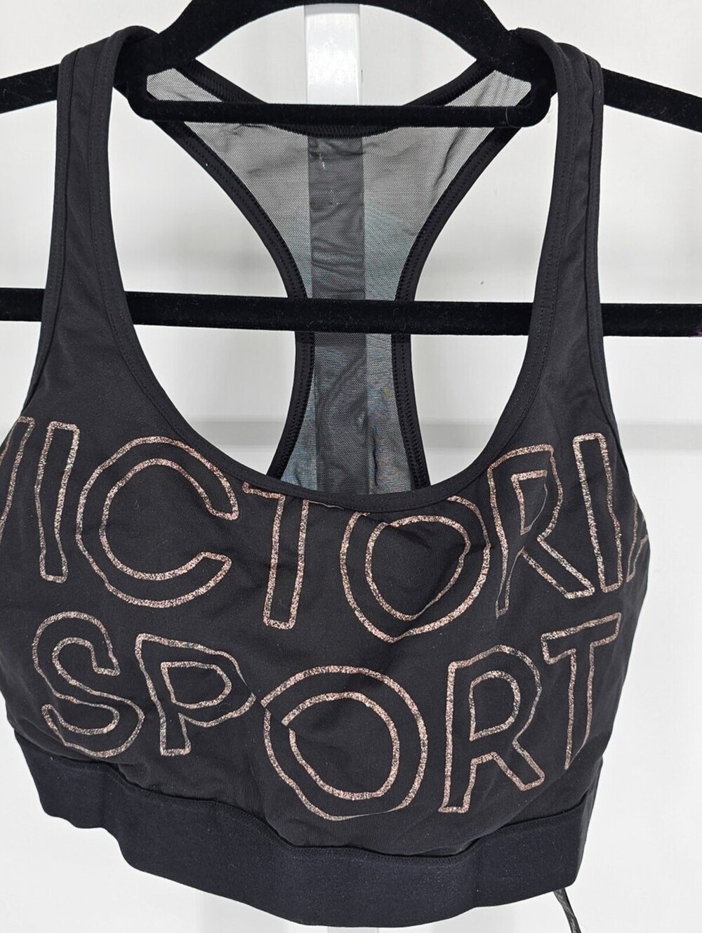 Victorias Secret Womens Sz M Racerback Sports Bra Black w/ Glitter Letters